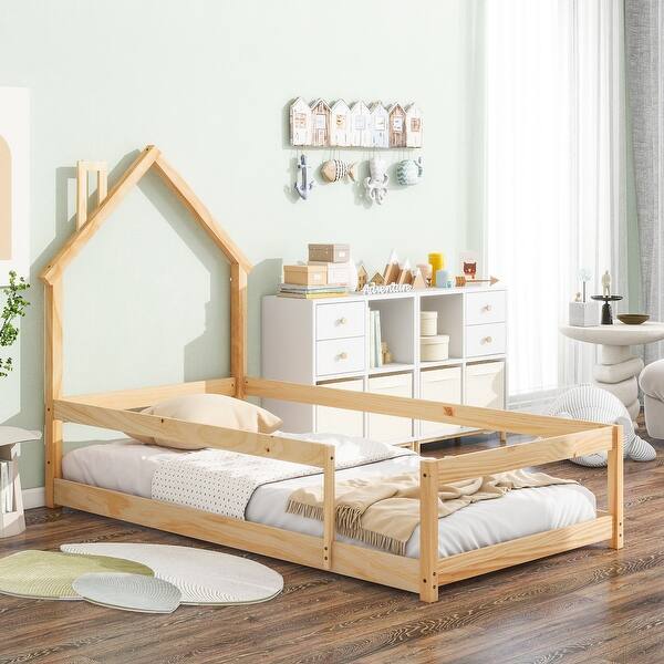 slide 2 of 8, Natural Twin Size Pine Wood Floor bed with House-shaped Headboard and Fences for Bedroom Natural