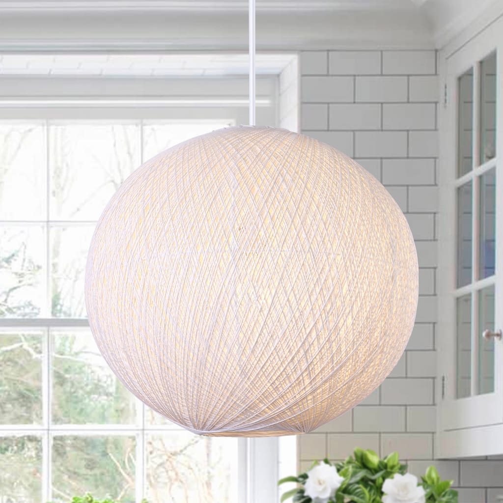 1-Light Beige Single Globe Pendant with Hand-Woven Rattan Shade. - 17.7"