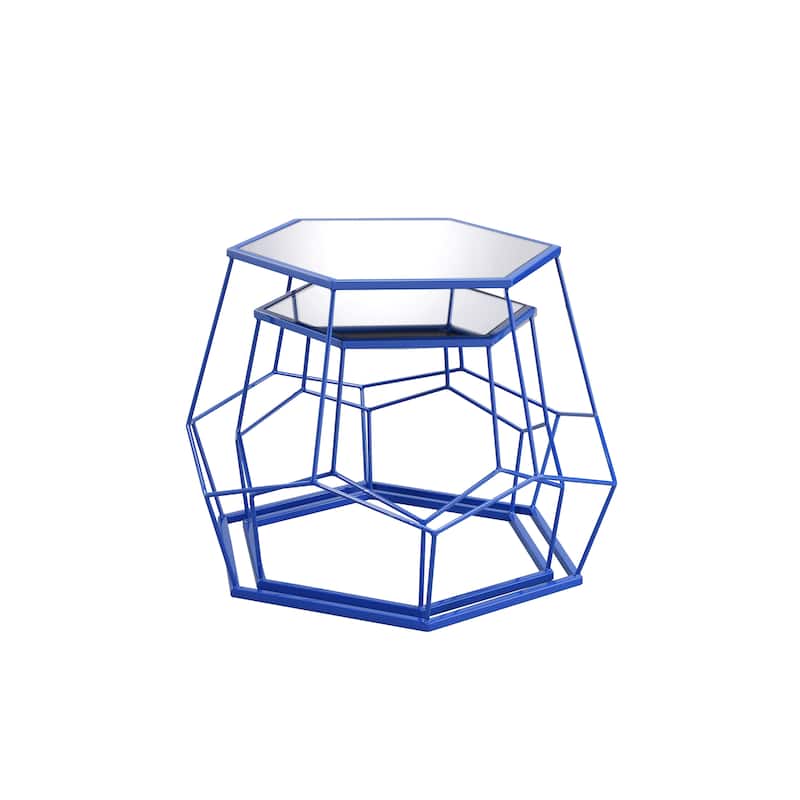 Alba Modern 32-inch Steel Mirrored Geometric 2-Piece Nesting Tables Set by Furniture of America - Blue