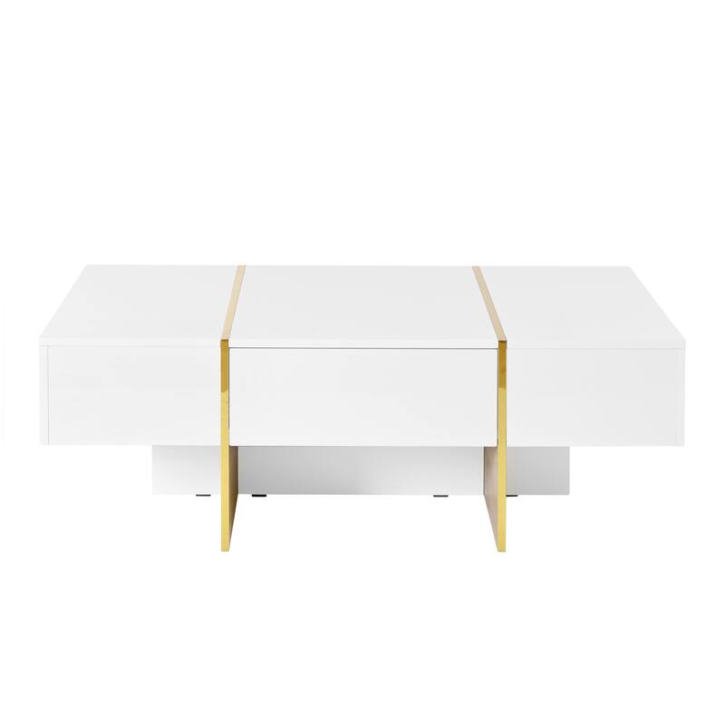 Roomfitters Modern High Gloss Coffee Table with Golden Wood Grain Legs, Rectangle Center Table with Storage