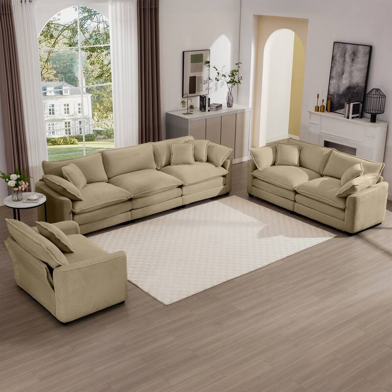 Oversized 3 - Piece Sofa Set with Corduroy 3-Seater Sofa and 2-Seater Loveseat & Single Deep Seat Sofa Chair for Livingroom - Tan