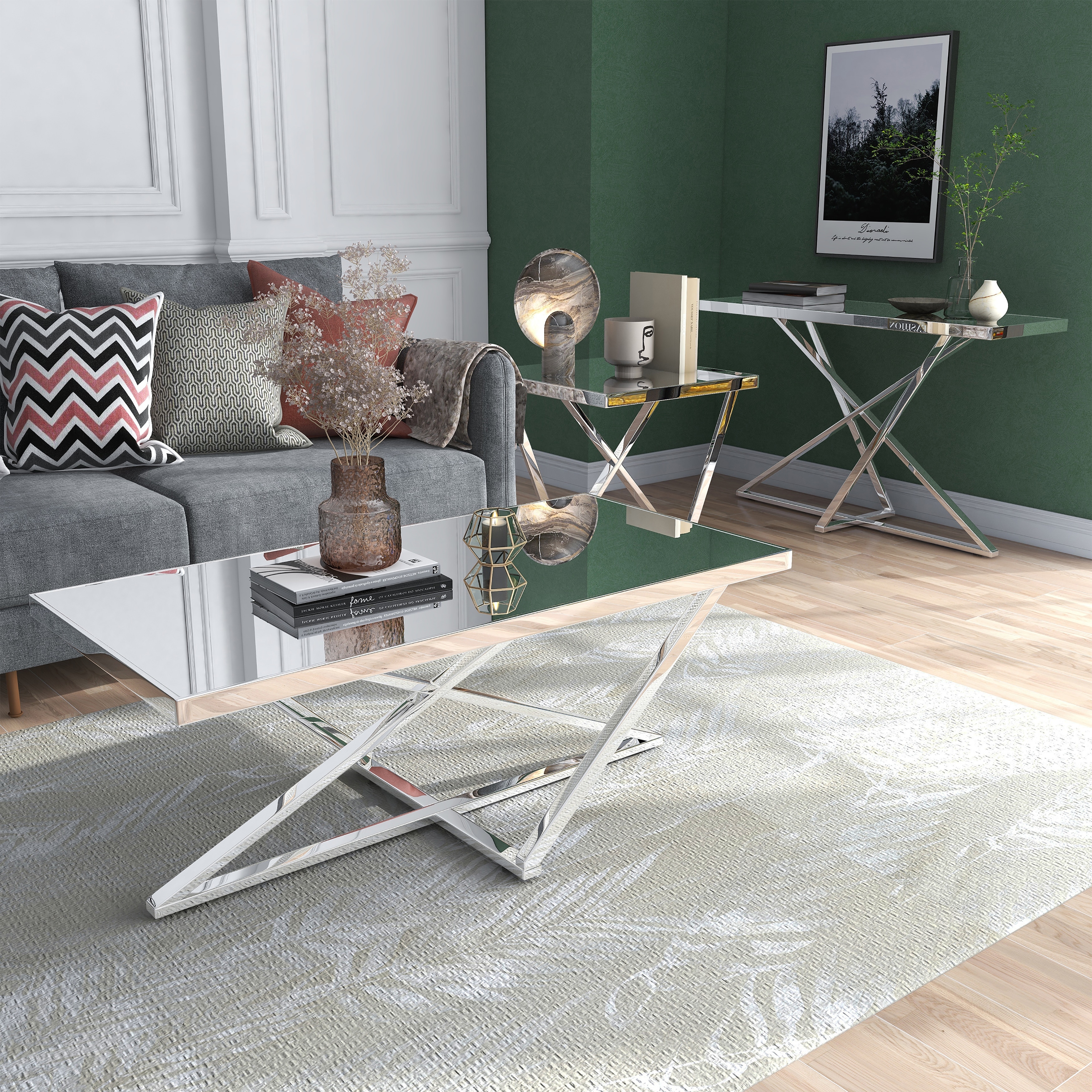 Starrla Chic Chrome Mirror Top 3-Piece Coffee Table Set by Furniture of America