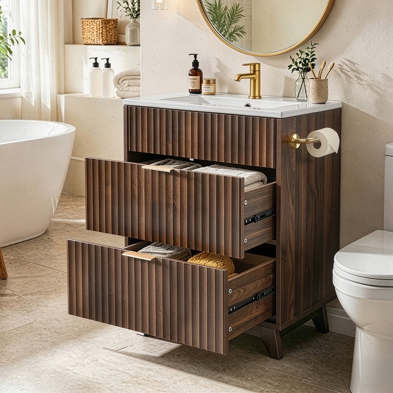 24'' Vanity With Slatted Design, Includes Ceramic Sink