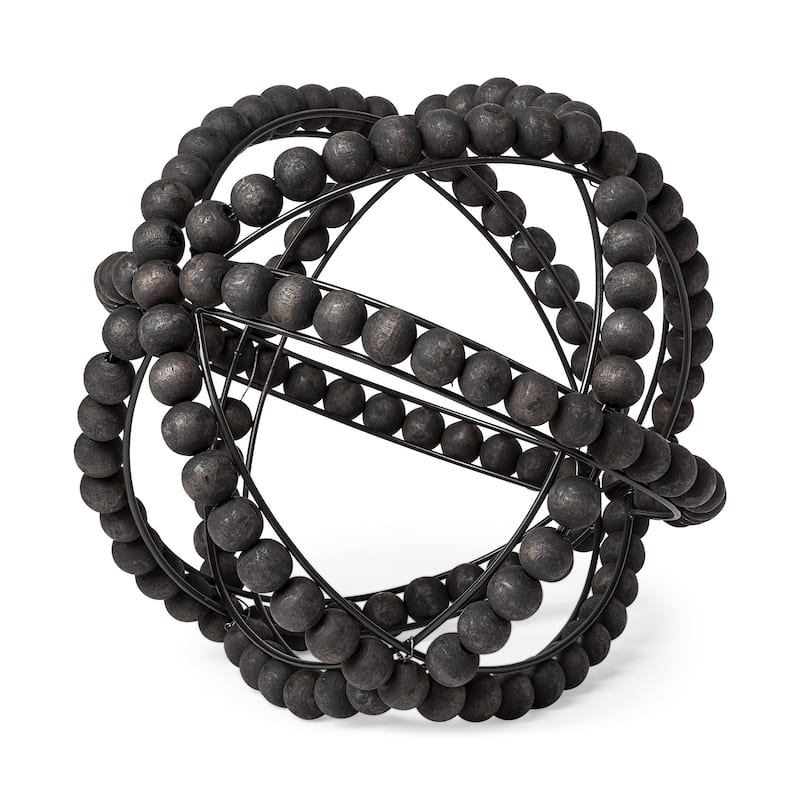 Black Wooden Bead and Metal Orb Sculpture - 11"W x 11"D x 12"H