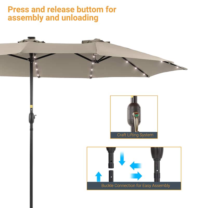 LIVOOSUN 15×9FT LED Double-sided Patio Umbrella with UPF50+ and Handle, and Wind-Resistant Design——Experience Outdoor Comfort