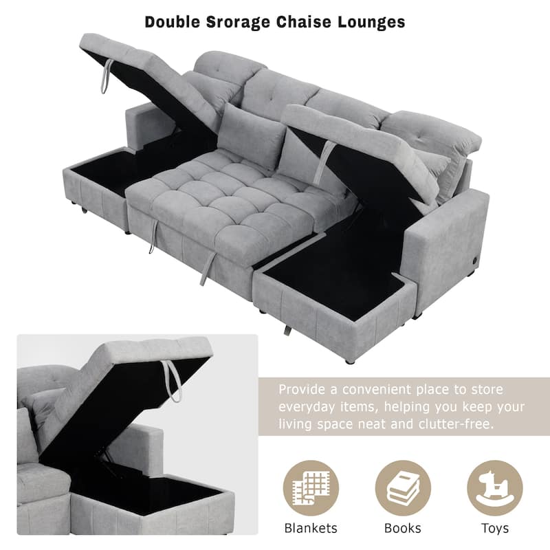 110" Oversized U-Shaped Sectional Sofa Pull-Out Sleeper with Double Storage Chaise Lounges and USB Ports for Living Room