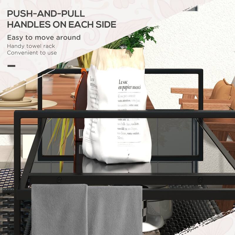 Outdoor Bar Cart PE Rattan Steel Tempered Glass Rolling Beverage Serving Cart with Storage - 51.25" W x 19.75" D x 35.5" H