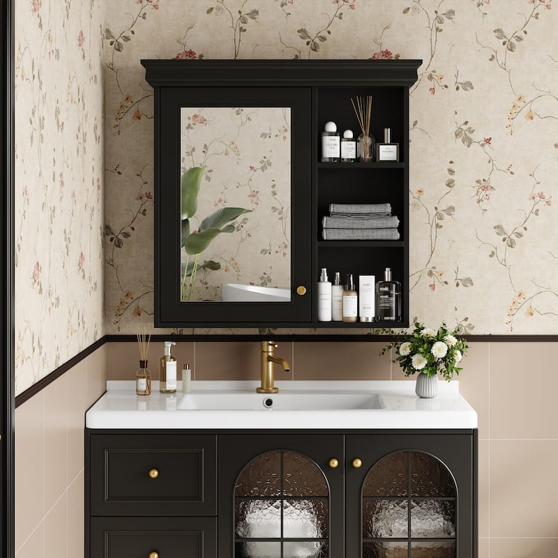 30'' x 28'' Wall-Mounted Medicine Cabinet with Mirror and Storage Organizer, Over-The-Toilet Bathroom Storage Solution‌. - Black