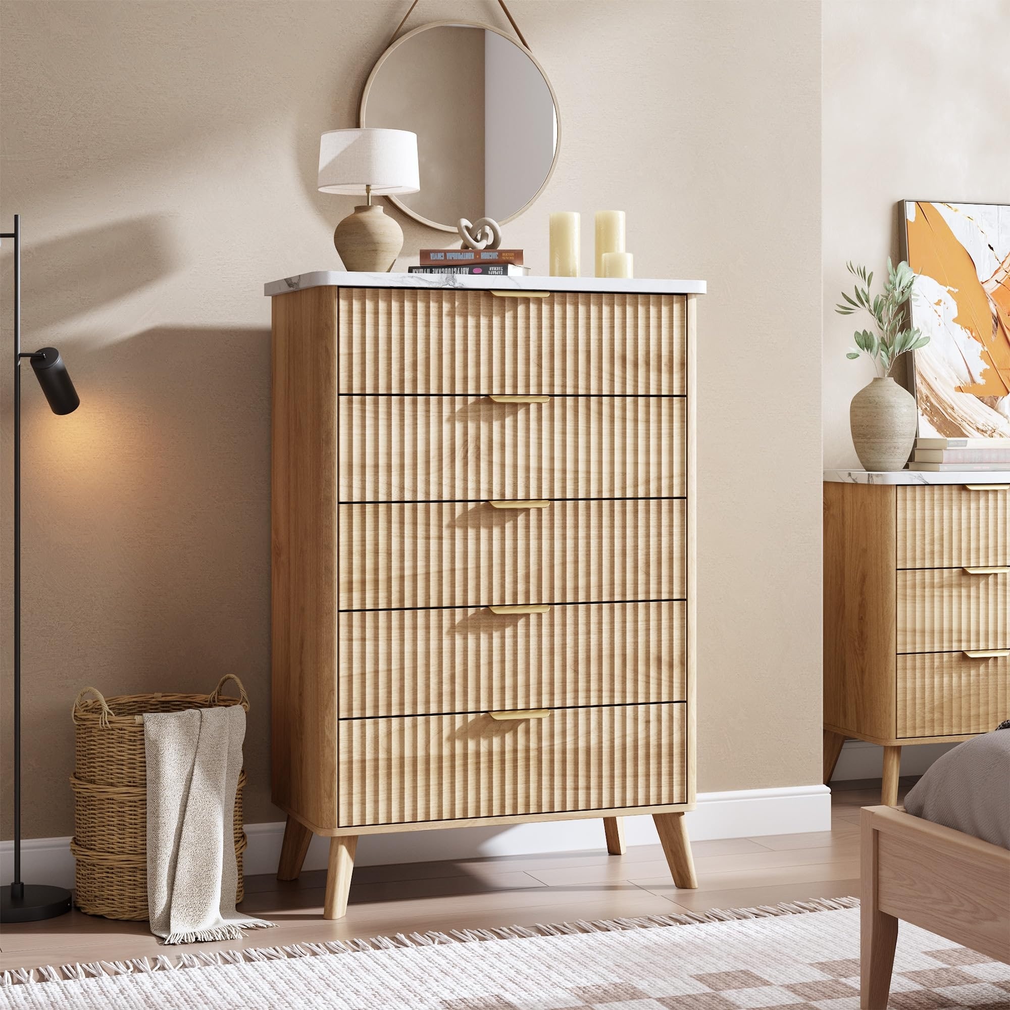Fluted Drawer Dresser, Curved Profile Gold Handles for Bedroom