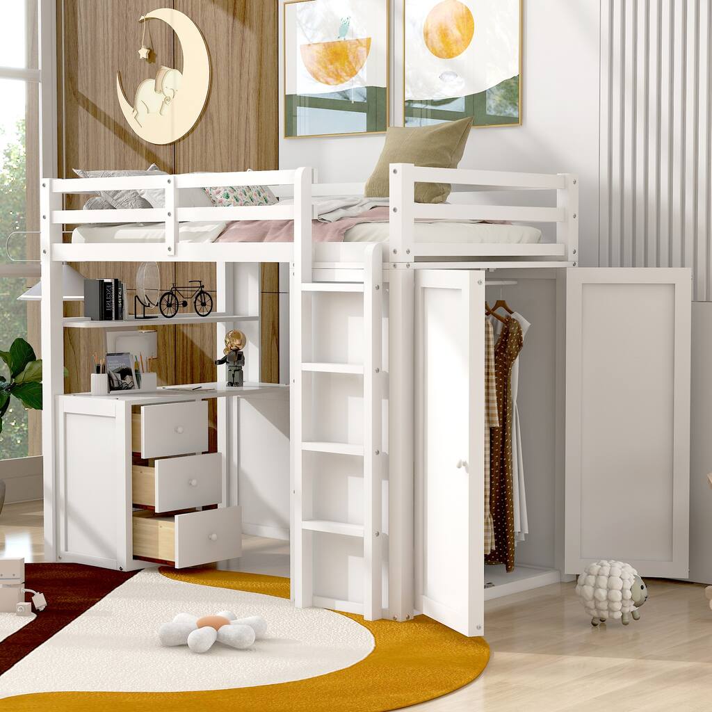 Twin/Full Size Loft Bed with Desk, Drawers, and Wardrobe for Children's Bedrooms, Guest Rooms, Solid Wood Frame