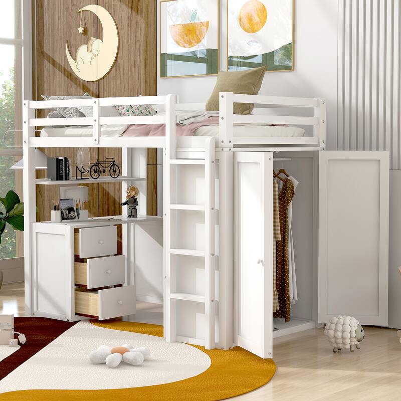 Twin Size High Loft Bed with Built-in Desk and Wardrobe, Wooden Loftbed Bedframe with 3 Storage Drawers, for Kids, Teens, Adults