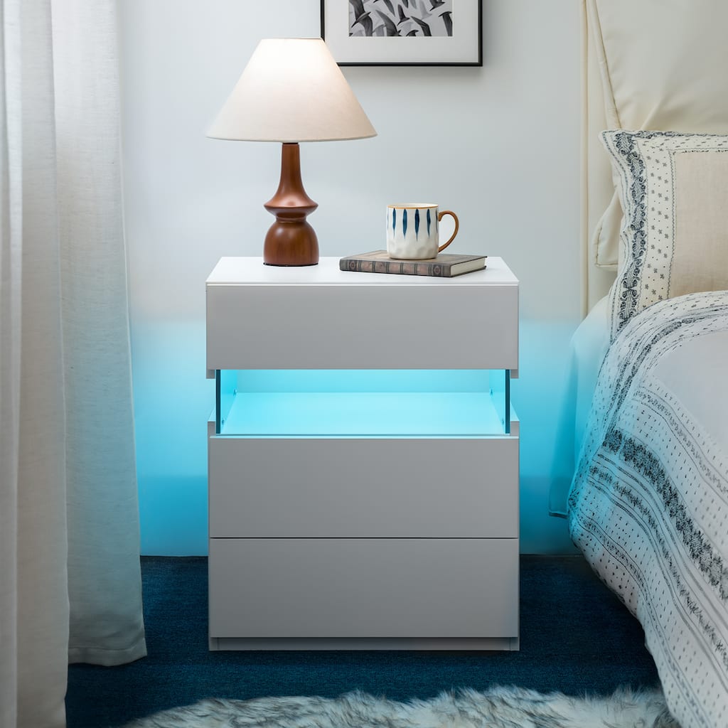 GDF Studio - Avalon Modern LED Nightstand with Three Drawers and 16-Color RGB Lighting