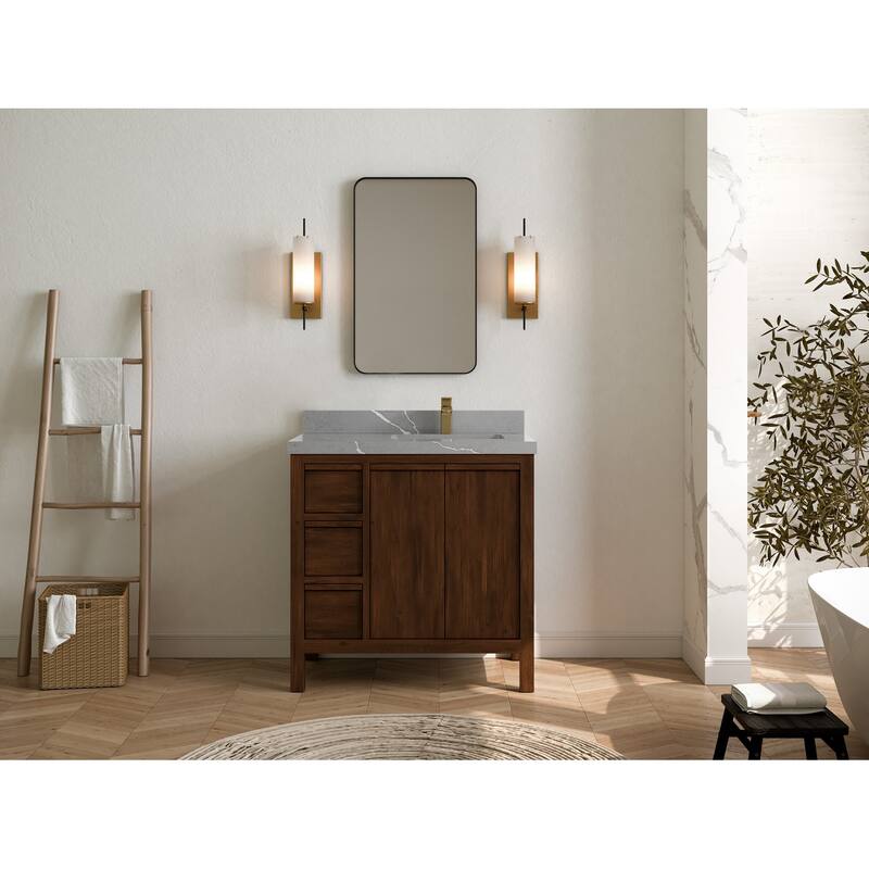 Willow Collections 36 in. W x 22 in. D Elizabeth Solid Teak Right Offset Sink Bathroom Vanity with Countertop