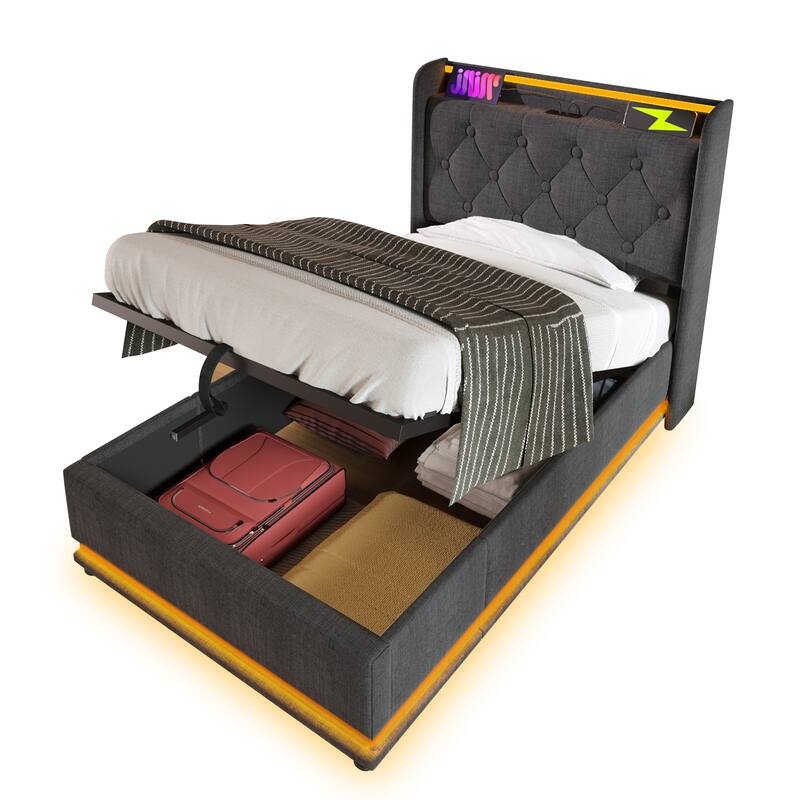 Twin Size Upholstered Bed with 360 LED, USB-C Charging, Hydraulic Storage, Gray Linen