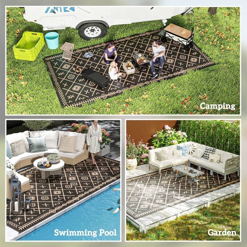 Reversible Outdoor Rug Rhombus Pattern, UV-Protected Foldable Polypropylene Mat with Carry Bag - 215.7" L x 107.9" W
