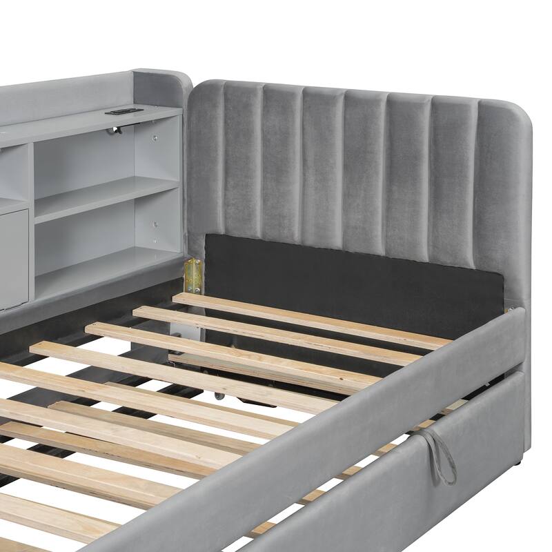 Velvet Upholstered Daybed with Vertical Striped Headboard, Wooden Platform Bed Frame wTrundle Bed, Storage Shelves, USB & Outlet