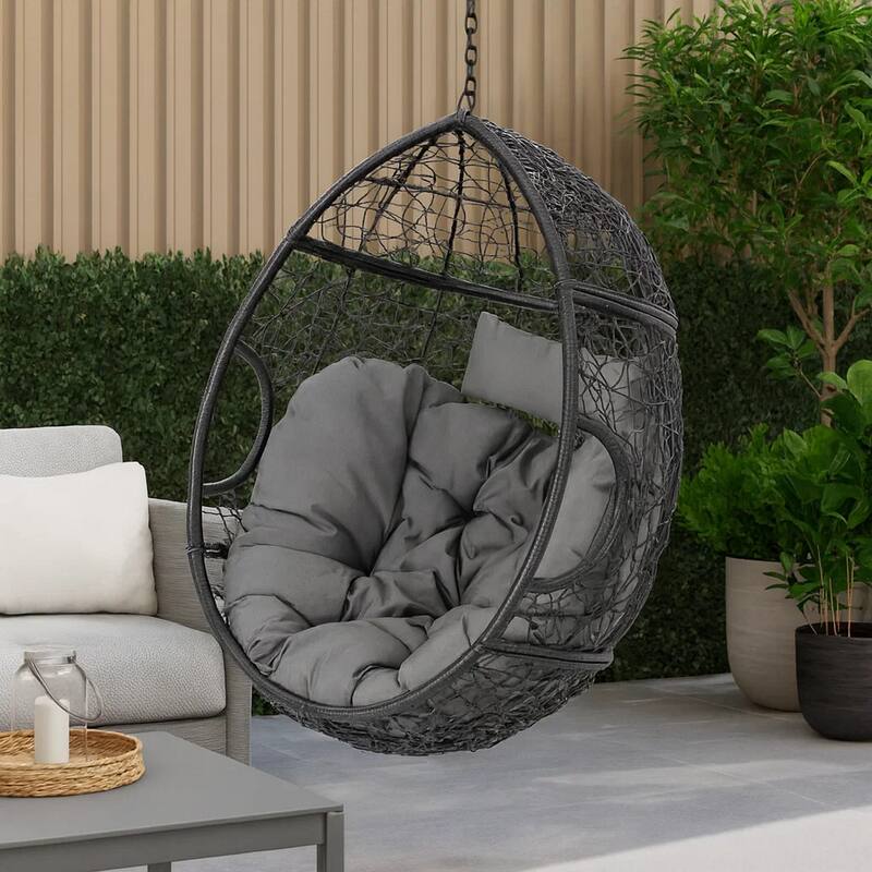 Keline Hanging Swing Lounge Chair, Gray Faux Rattan, Cushions, 49 Inch