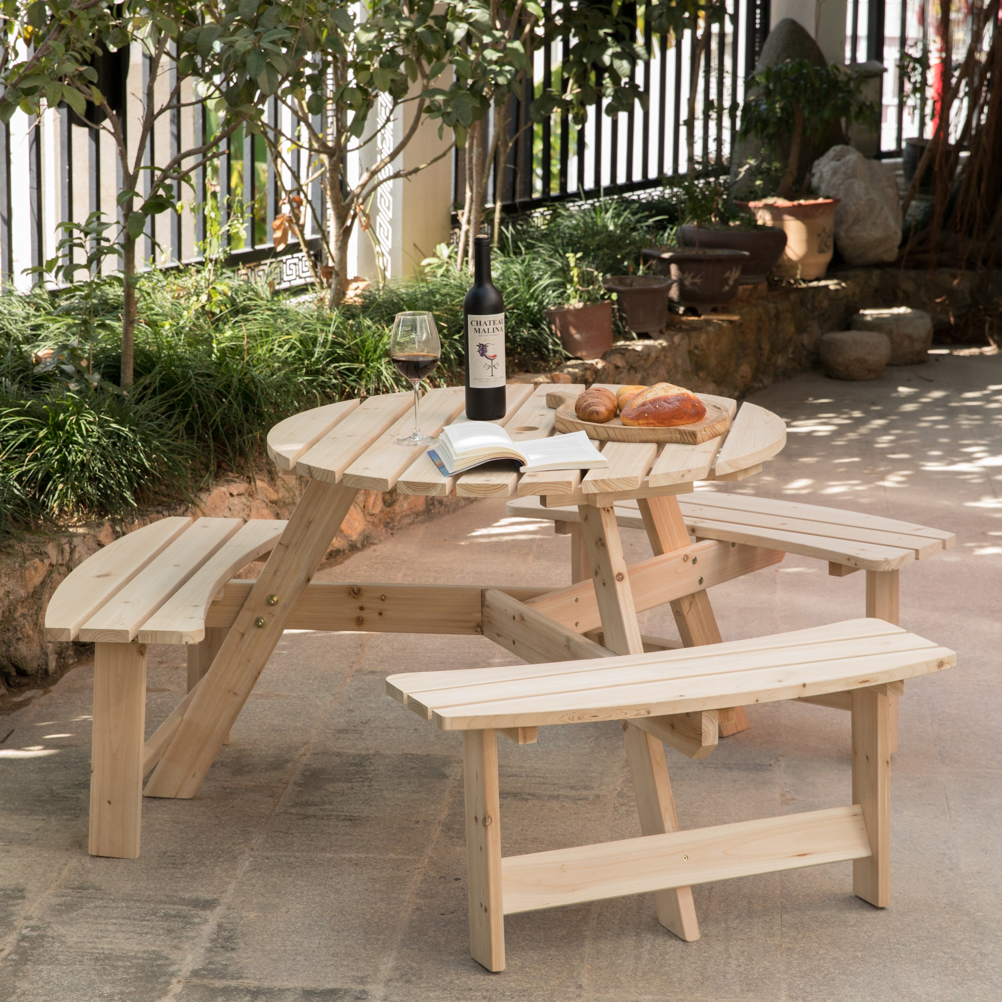 Wooden Outdoor Round Picnic Table w/ Integrated Bench Seats