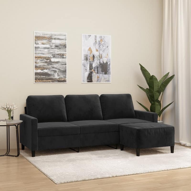 vidaXL 3-seater Sofa With Footstool Dark Grey Velvet, Plywood, Metal, Foam - 31.5 x 77.9 x 31.5 in - Black