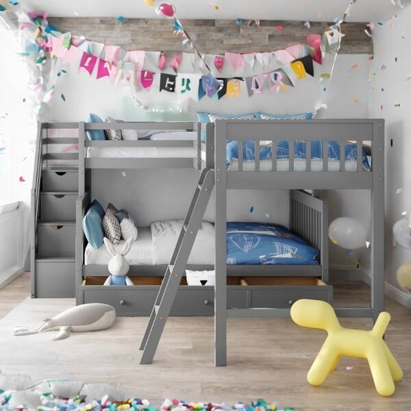 slide 2 of 16, Grey 3-in-1 Twin over Twin L-Shaped Bunk Bed with Ladder, Staircase and 3 Drawers