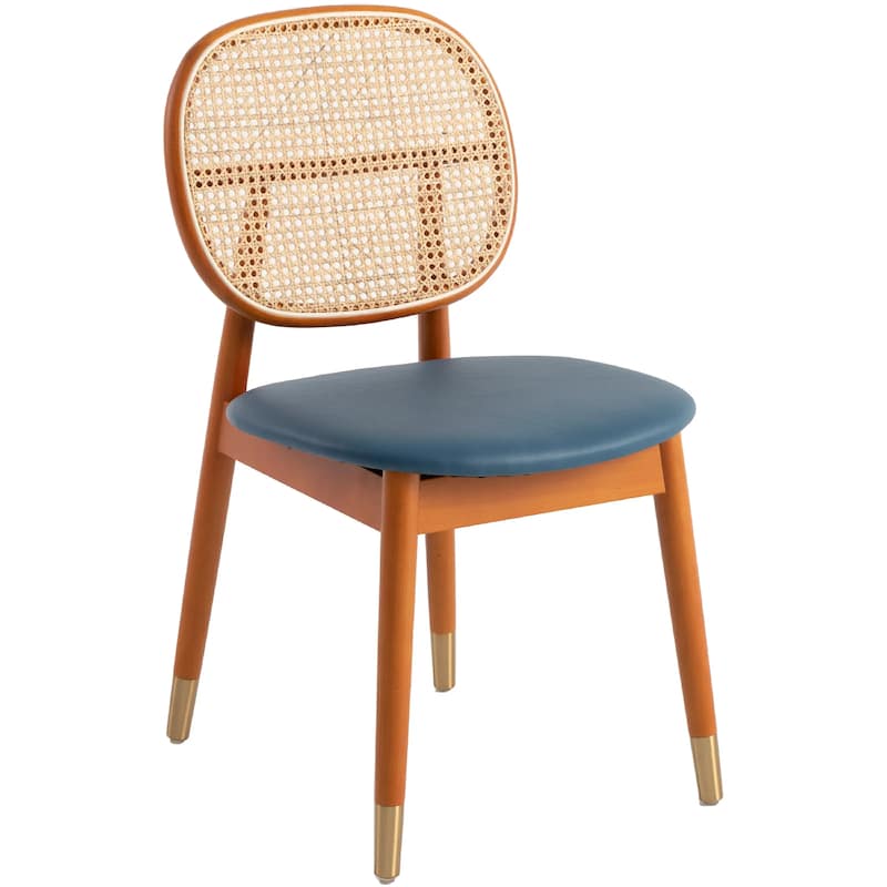 Holbeck Modern Rattan Leather Upholstered Dining Chair with Plush Padding Beech Wood Legs for Stylish Homes - Navy Blue