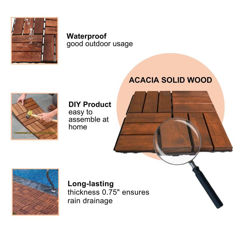 Acacia Wood Interlocking Deck Tiles Checker Pattern, 10PCS 12" x 12" Square Brown Acacia Hardwood Outdoor Flooring for Patio