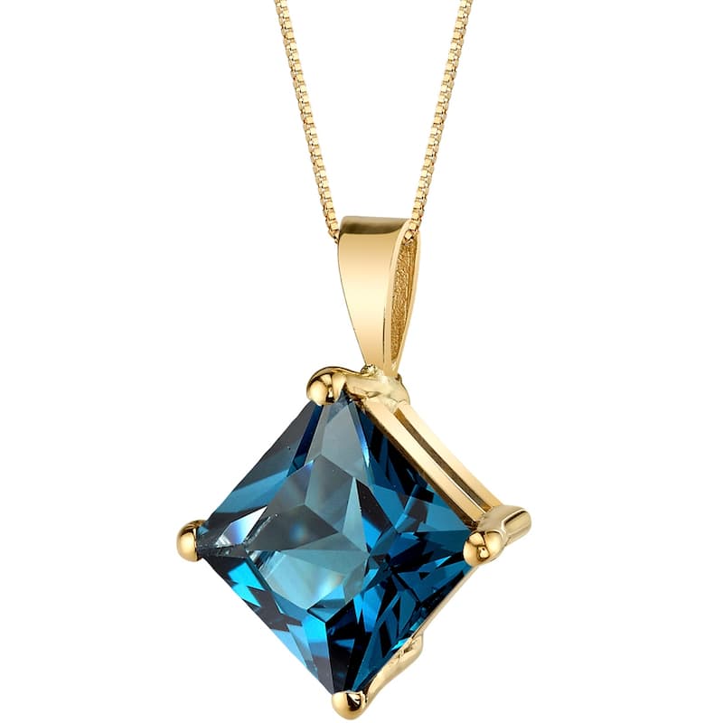 14k Yellow Gold Princess Cut 3.00 cts London Blue Topaz Pendant
