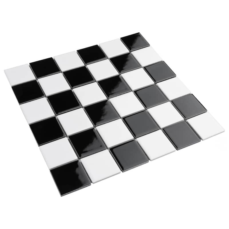Merola Tile Metro Quad Checkerboard Glossy Black and White 11-3/4" x 11-3/4" Porcelain Mosaic Floor and Wall Tile