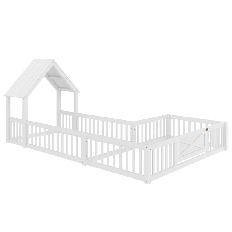 Roomfitters Double House Floor Bed with Door, Solid Wood Frame with Fence Guardrails for Playroom