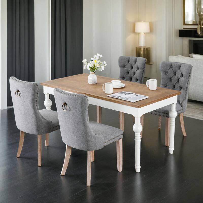 High-end Tufted Solid Wood Contemporary Flax Upholstered Linen Dining Chair with Wood Legs Nailhead Trim 2-Pcs Set,Gray