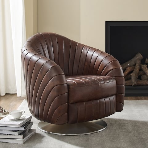 Art Leon Industral Rustic Top Grain Leather Swivel Barrel Accent Chair