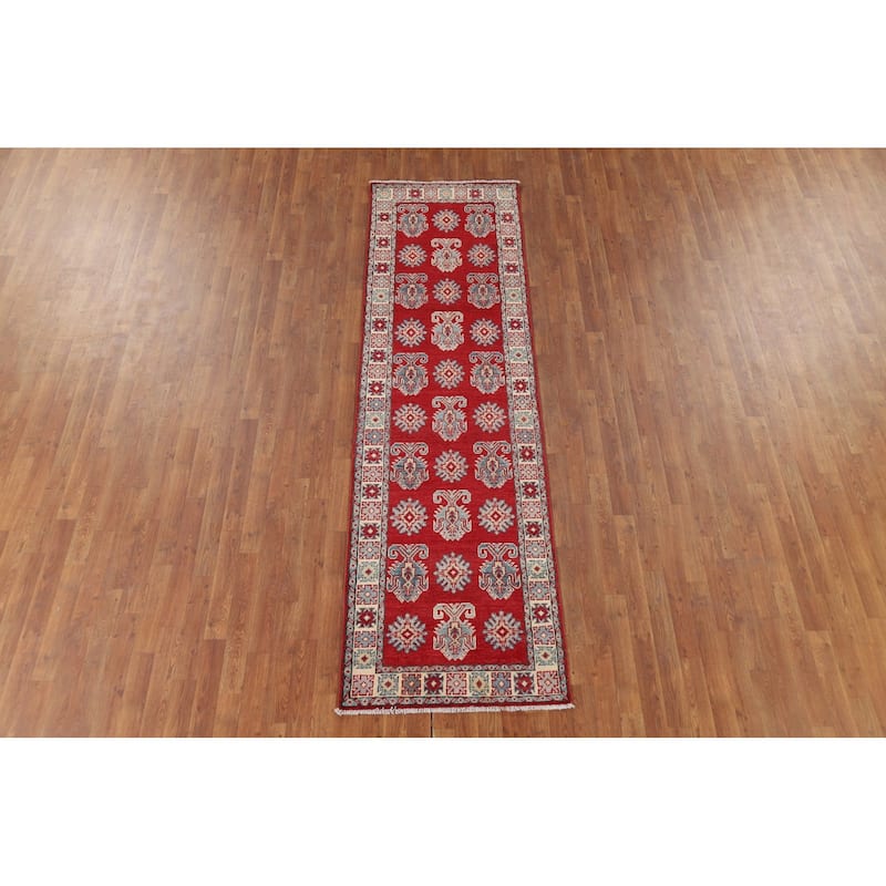 Red Geometric Kazak Oriental Runner Rug Handmade Wool Carpet - 2'8" x 9'4"
