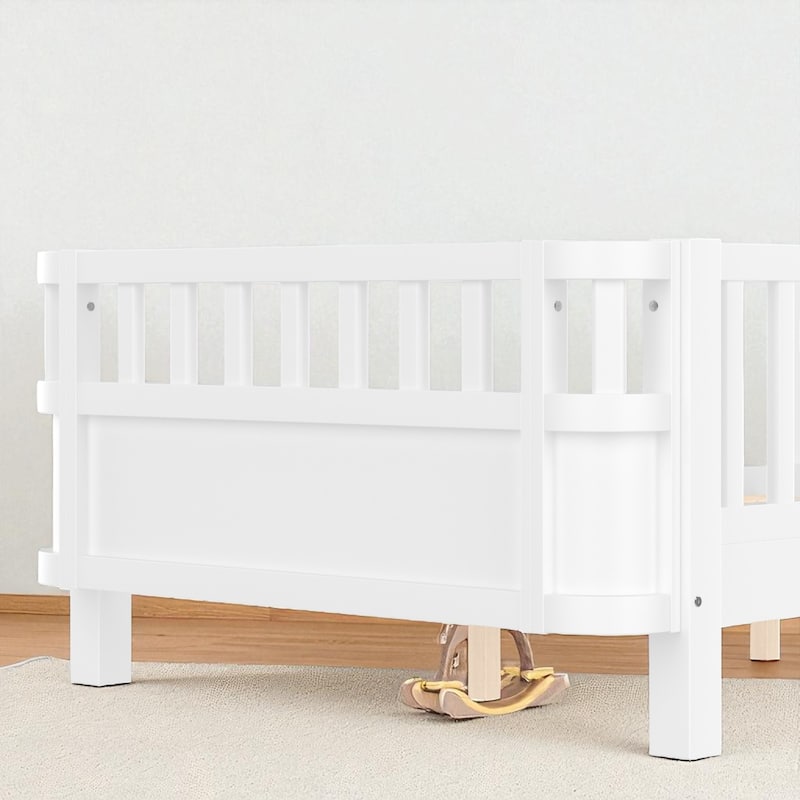 Wood Platform Bed with Guardrails & Detachable Fence, Twin/Full/Twin XL/Queen Size Kids Bed, Safety Design, No Box Spring