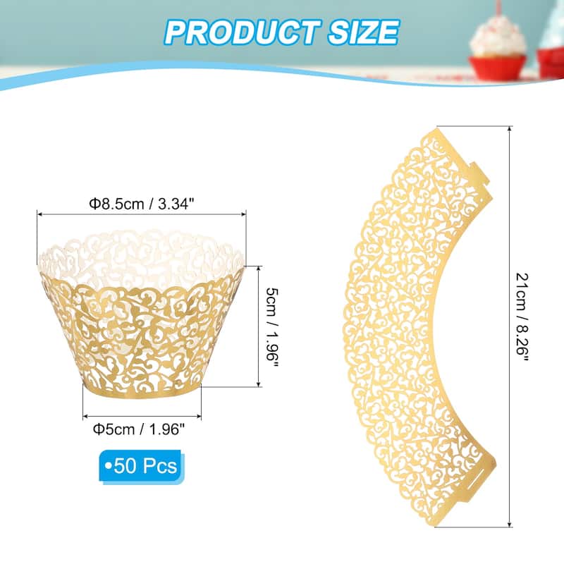 Cupcake Wrappers Paper, 50 Pack Baking Cups Standard Vine Decor - Reflective Gold