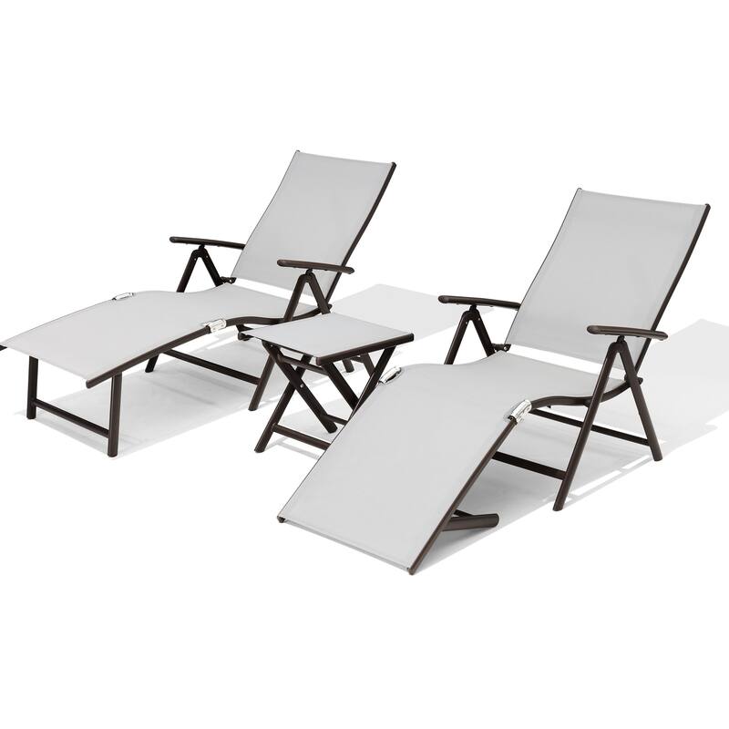 VredHom Outdoor Portable Folding Chaise Lounge Chair with Table (Set of 3) - 70" L x 20" W x 14" H