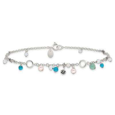 Curata Women's 925 9" Simulated Turquoise Bead Freshwater Cultured Pearl Anklet