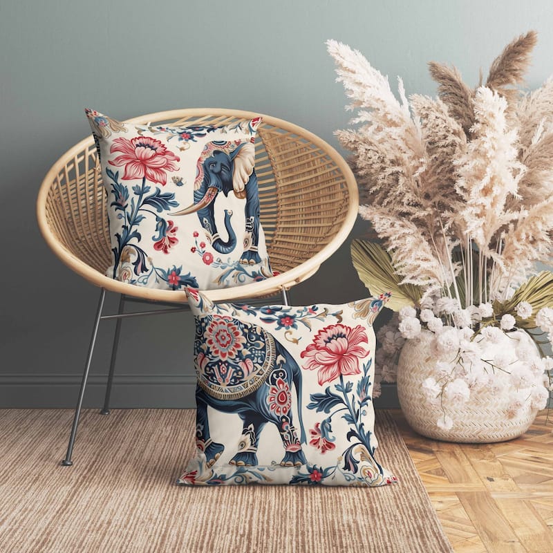 Botanical Elephant Indoor/Outdoor Reversible Throw Pillow Blue and Red