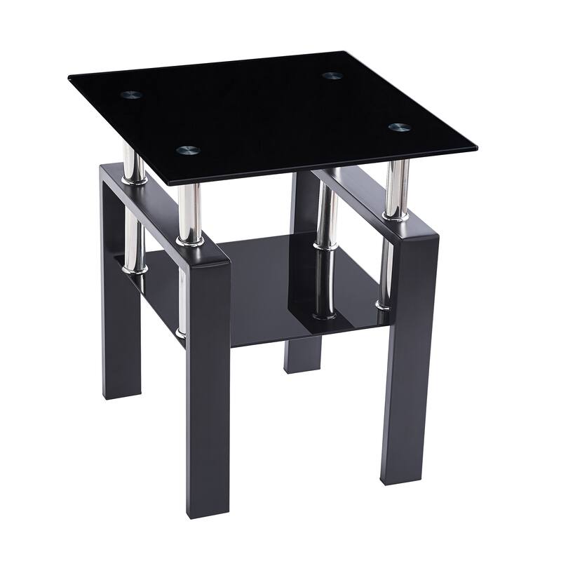 Tempered Black Glass Sofa Table, 2-Layers End Table With Storage