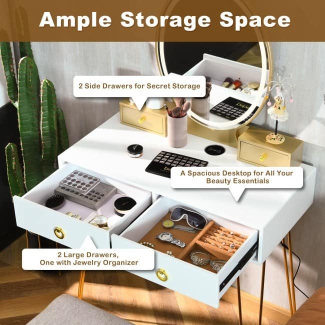 Vanity Table Set with 3-Color Lighted Dimmable Mirror - 31" x 16" x 53.5"