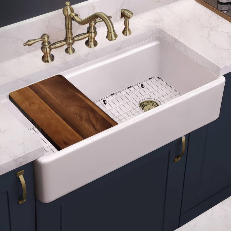 36" Reversible Single Bowl Fireclay Sink Set with a Smooth Front Apron, Walnut Wood Cutting Board and Stainless Steel Grid