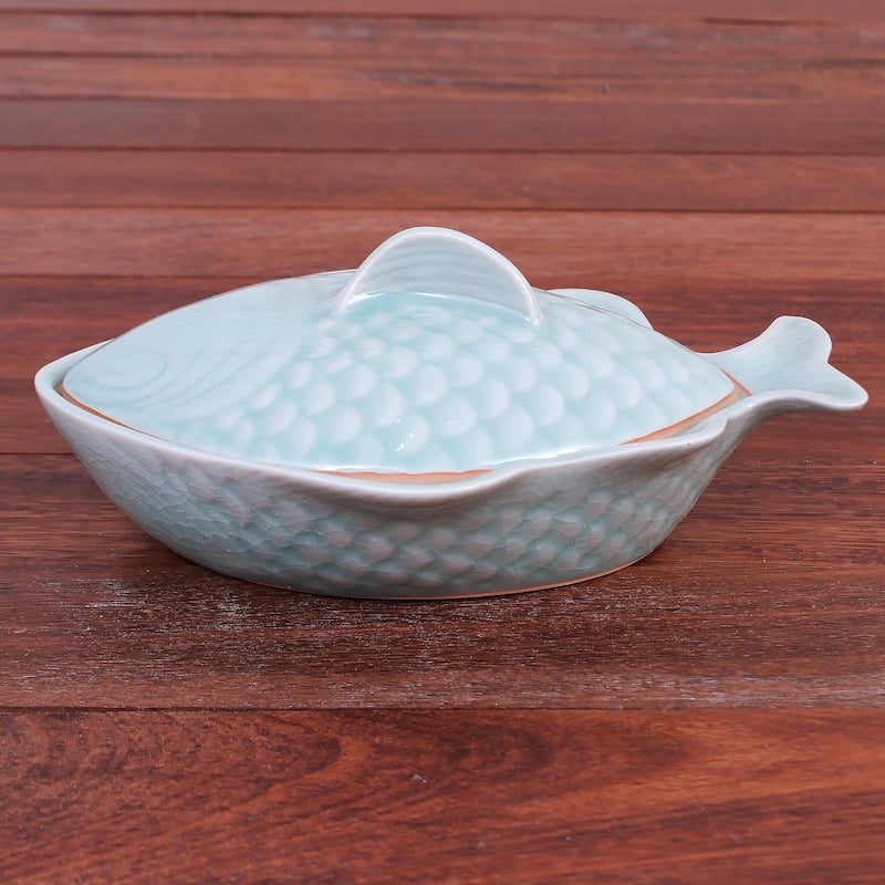 Novica Handmade Fish Dish In Aqua Celadon Ceramic Lidded Bowl