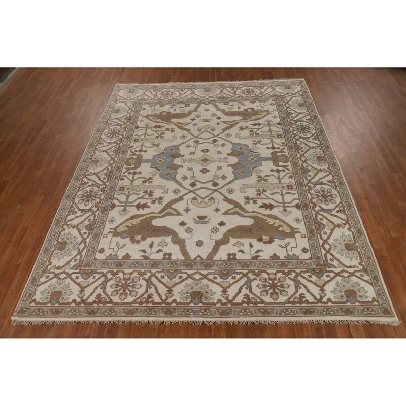 Beige Floral Oushak Indian Area Rug Handmade Wool Carpet - 8'0" x 9'10"