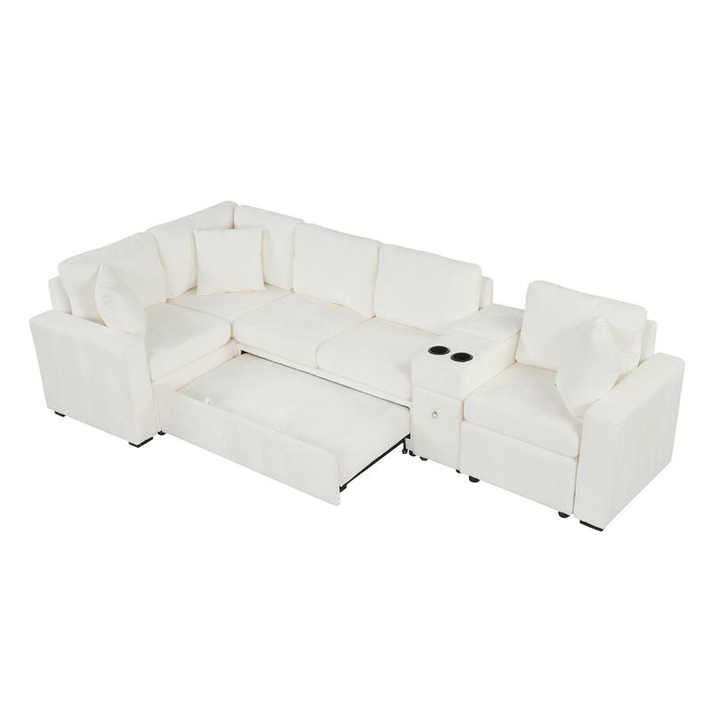 120.5" Chenille L-Shaped Sectional Sofa Bed with Storage & Cup Holders