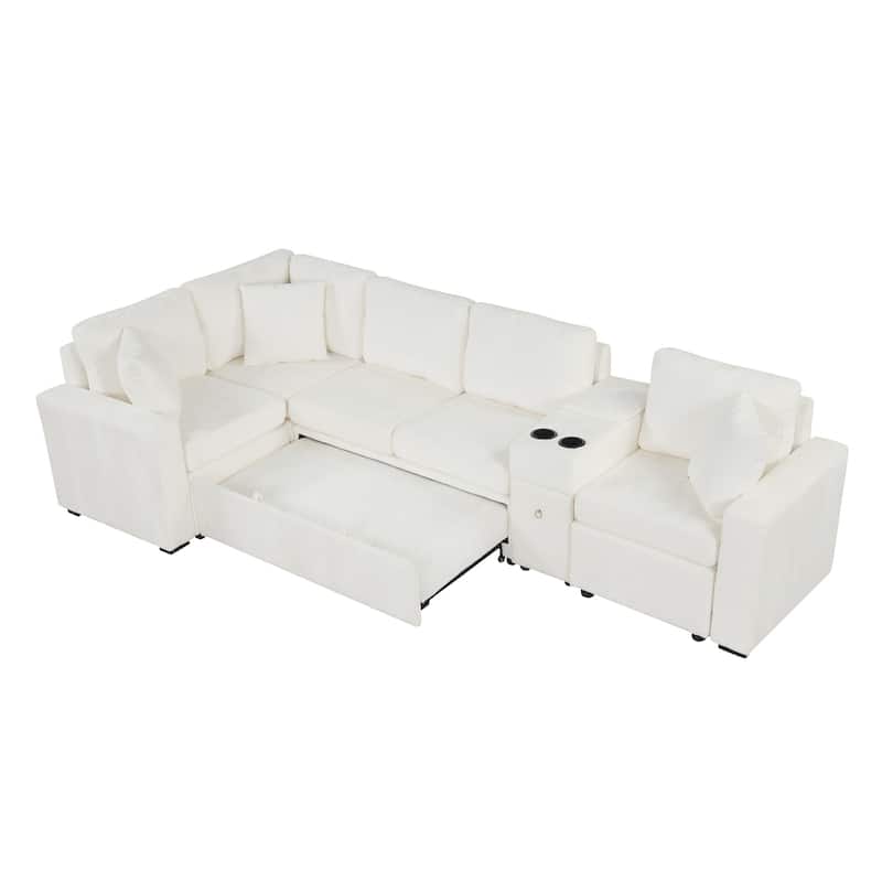 L-Shaped Modular Sectional Sofa with Pull-Out Bed, Chenille Convertible Sleeper Sofa Bed with Cup Holders & Multiple Storage