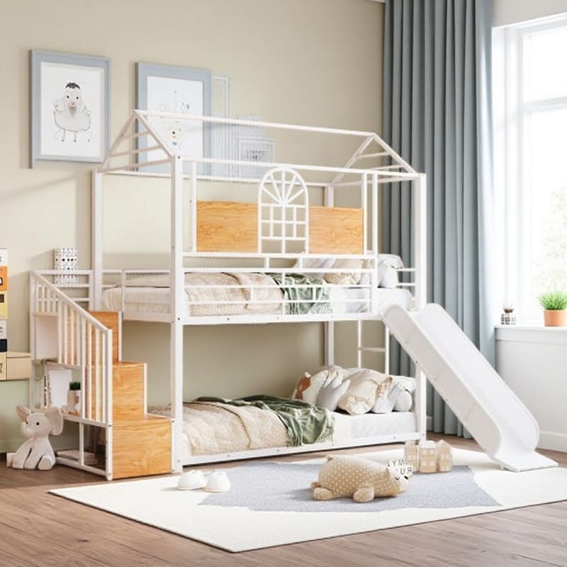 Twin Over Twin Metal House Bunk Bed with Slide and Storage Staircase, Under-Stair Compartments, Built-in Guardrails and Ladder