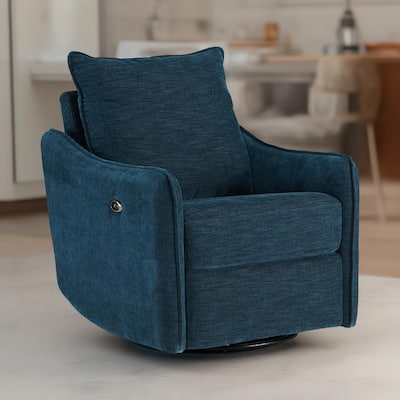 Bradley Swivel Power Recliner Chair, Dark Blue Polyester, Pillow Back