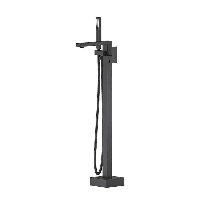 Cube Single Handle Floor Mounted Freestanding Tub Filler With Hand Shower - Black Matte