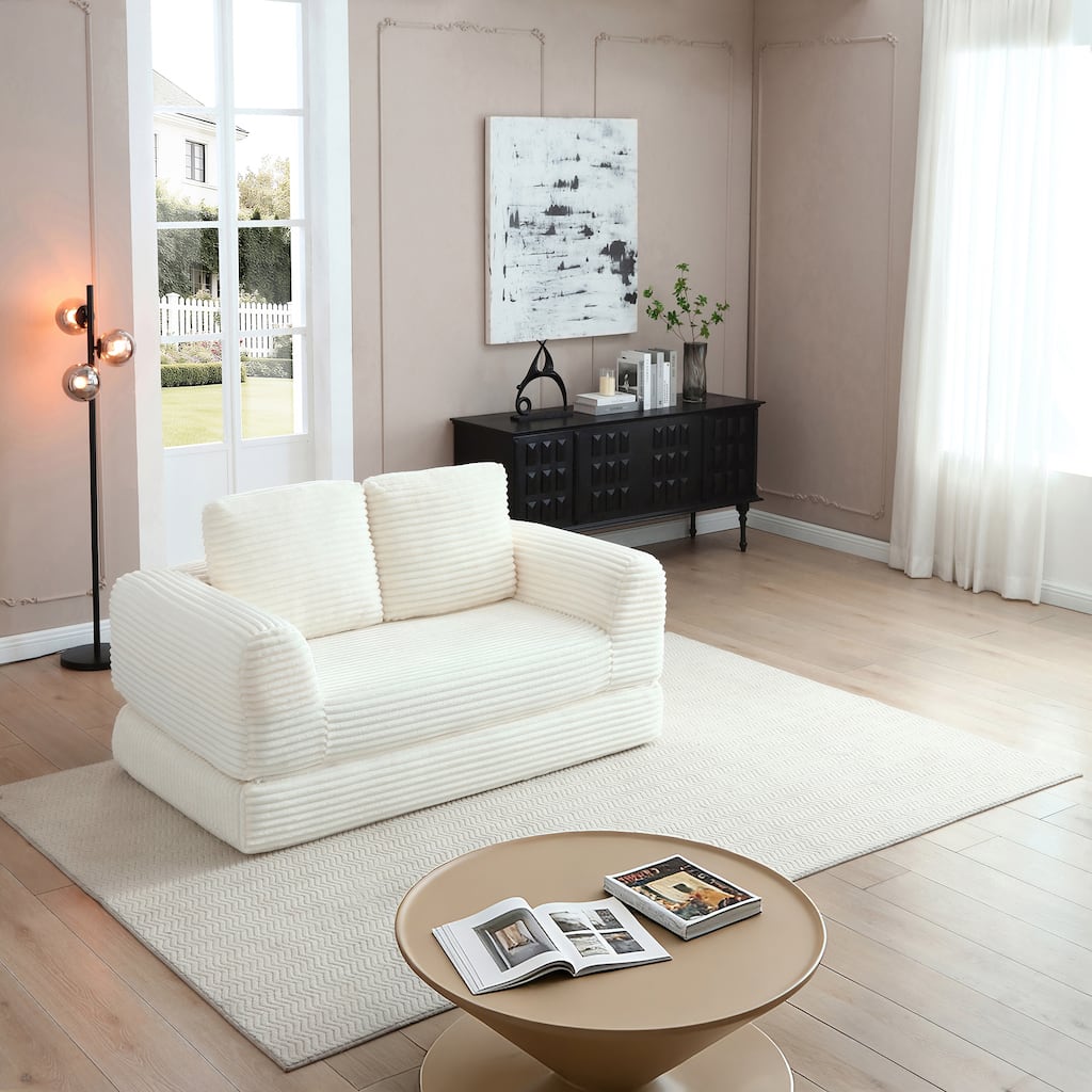 Beige Sofa Bed Sleeper Sofa with 2 Pillows, Upholstered Sofa Couch Loveseat 2-Seater Sofa Couch with Armrests