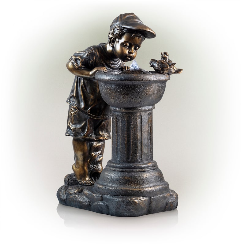 Alpine Corporation Outdoor Floor Joyful Boy and Girl Drinking Water Fountain, Playful Garden Waterfall with LED Lights