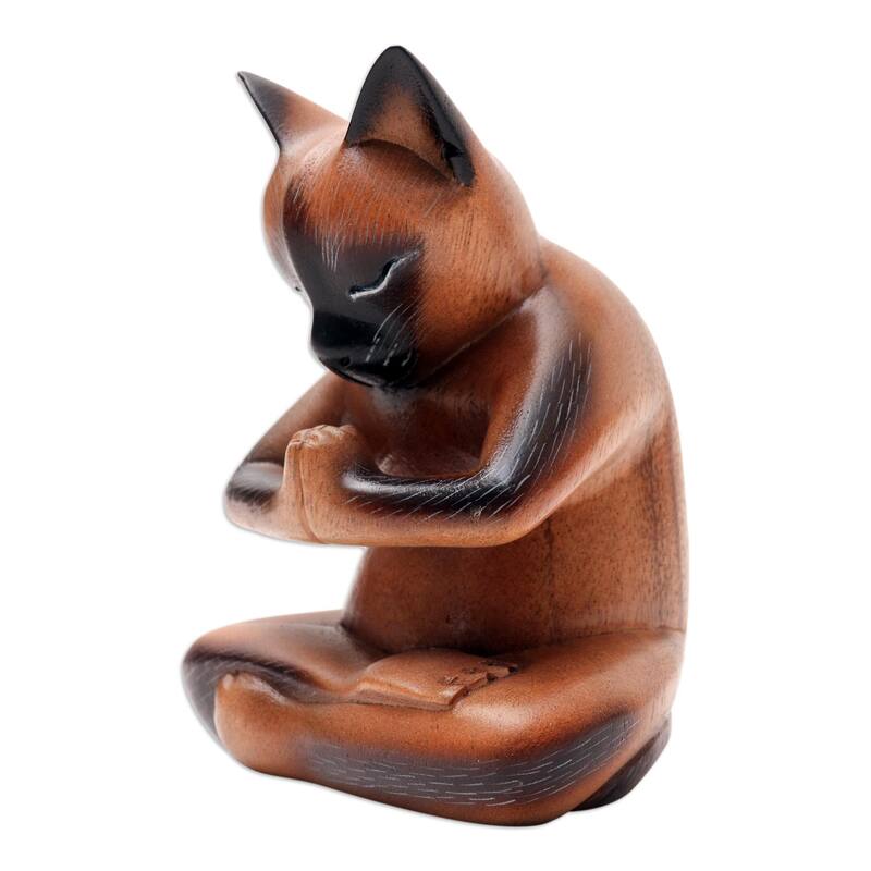 Novica Handmade Devout Feline Wood Statuette